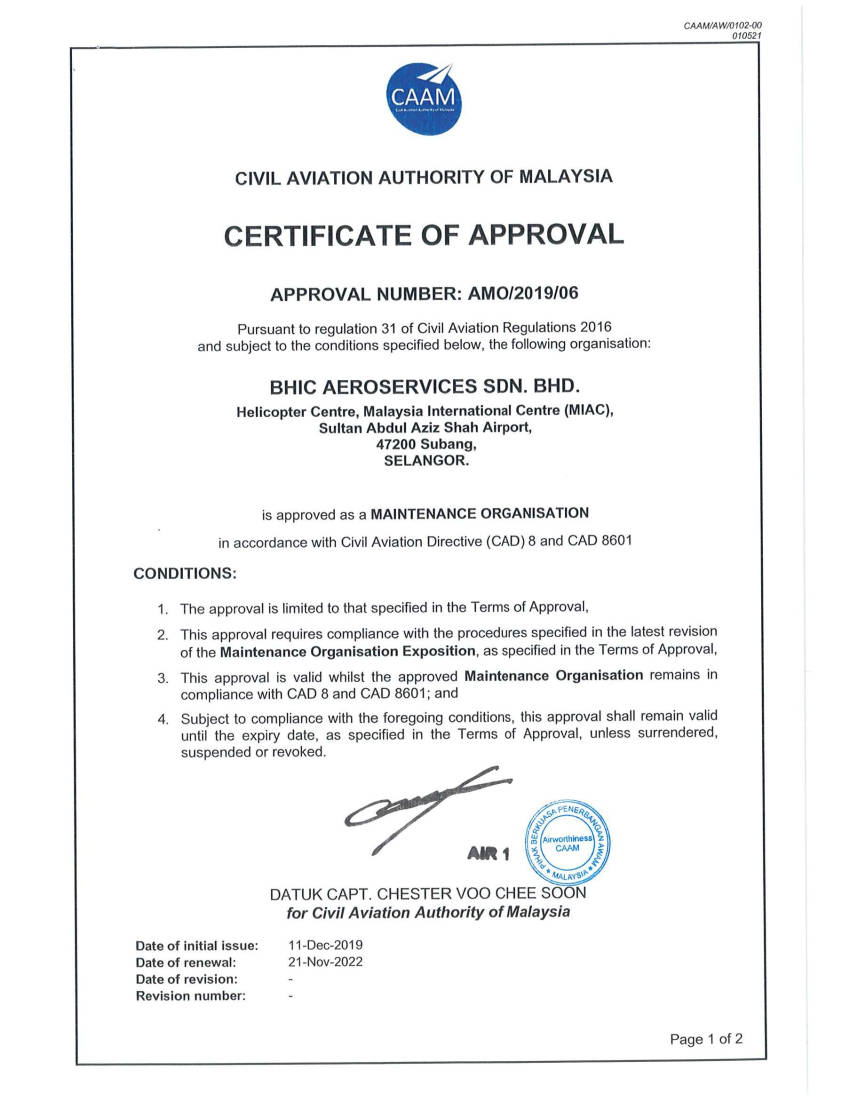 Caam Bhic Aero Services Helicopter Mro Services Malaysia